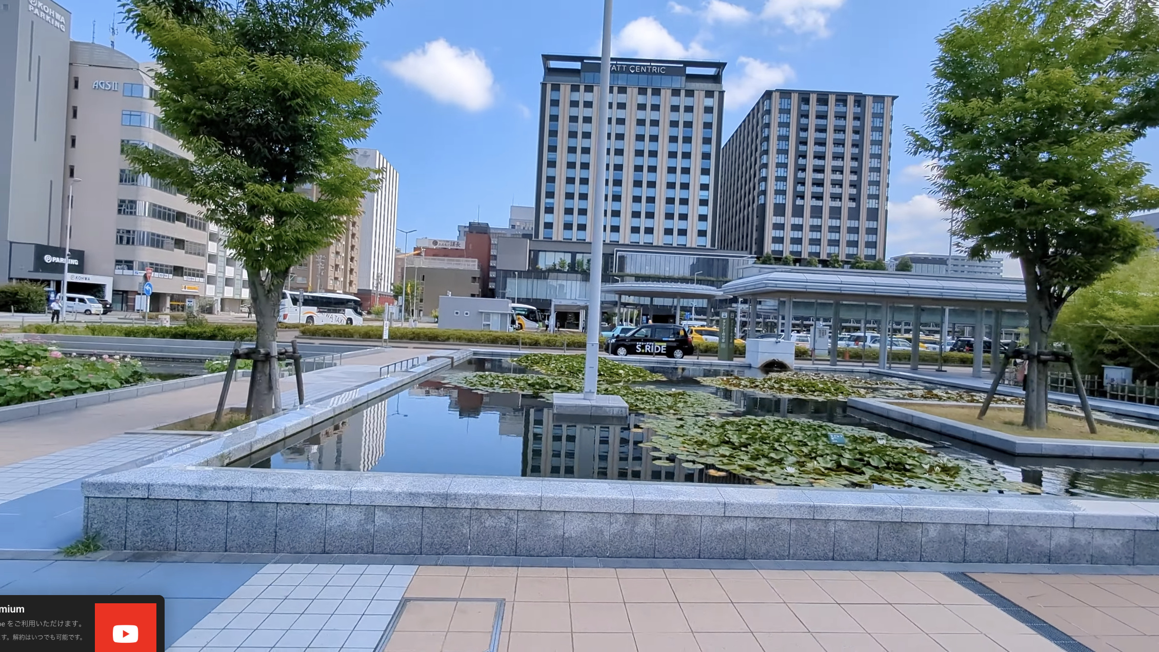 西口広場の蓮の花が浮かぶ池、奥にHYATT CENTRIC