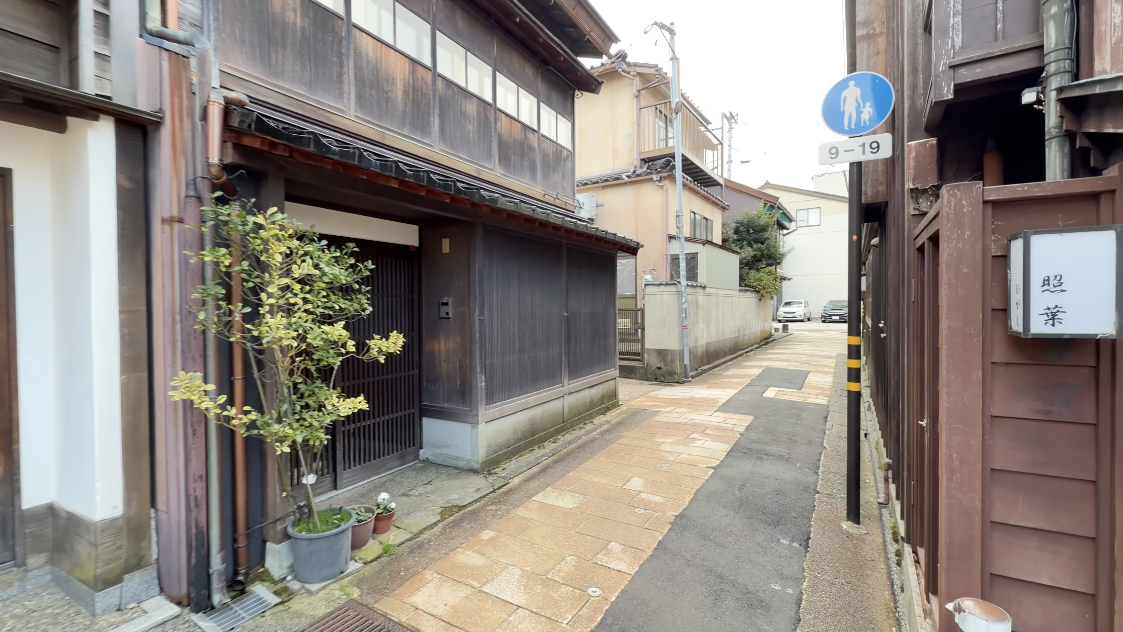 ひがし茶屋街の住宅の並ぶ狭い通り、木の鉢植えと『照葉』の看板、歩行者マークの標識