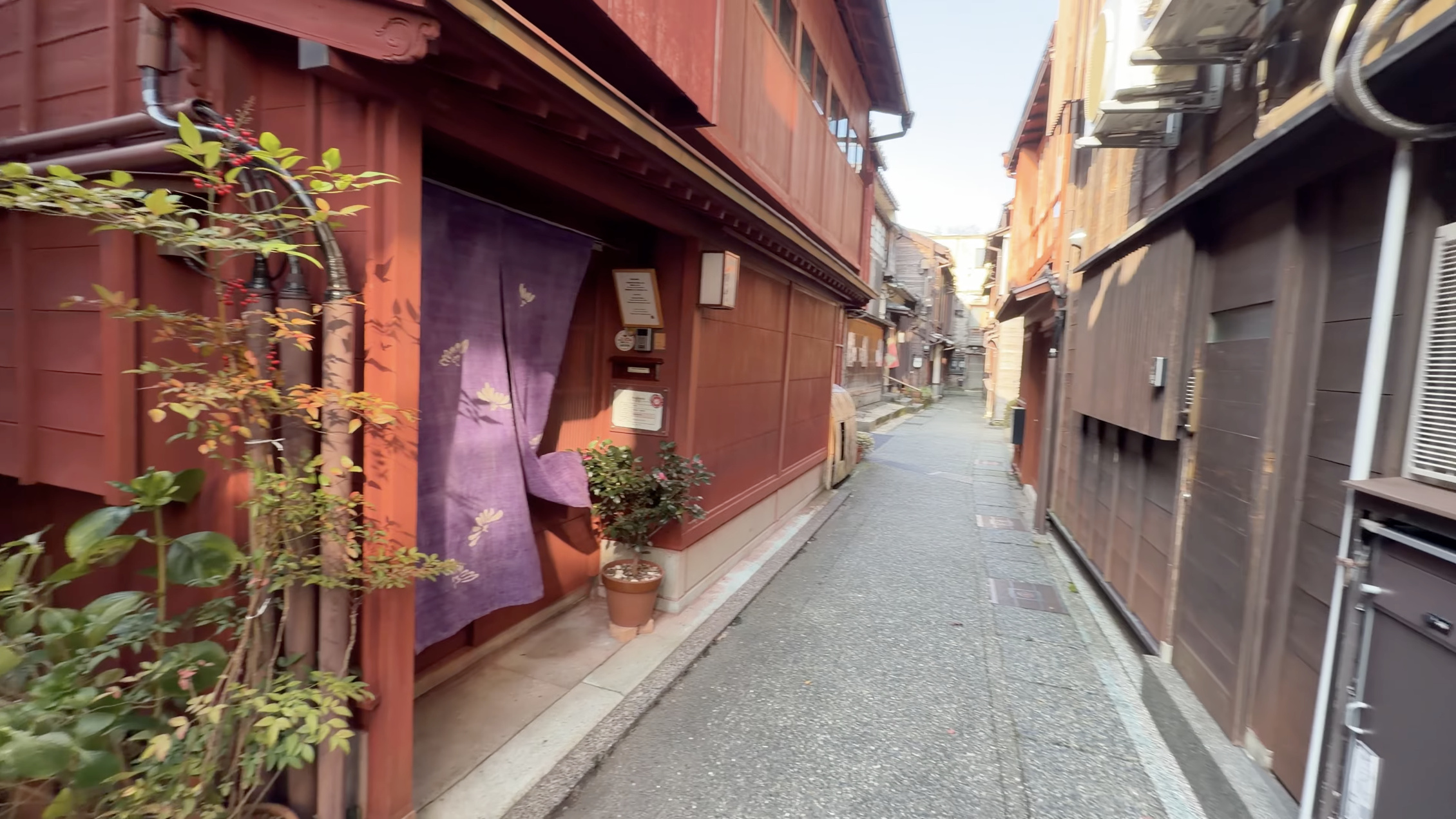 主計町の狭い路地、紫の暖簾がかかった茶屋建築、奥まで続く石畳の通りに人影が小さく見える