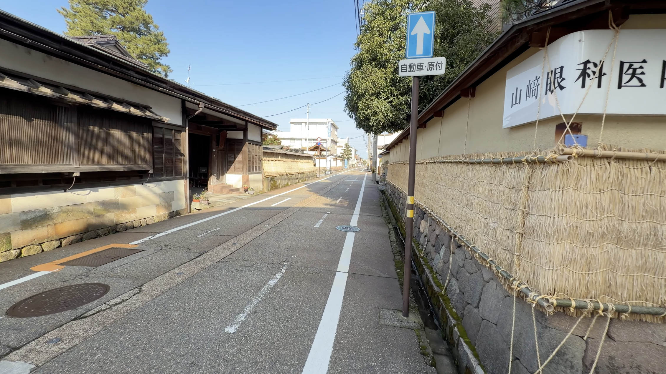 彦三町の通り、山﨑眼科医院の白い建物にこも掛けされた土塀、青空に伸びる木の枝