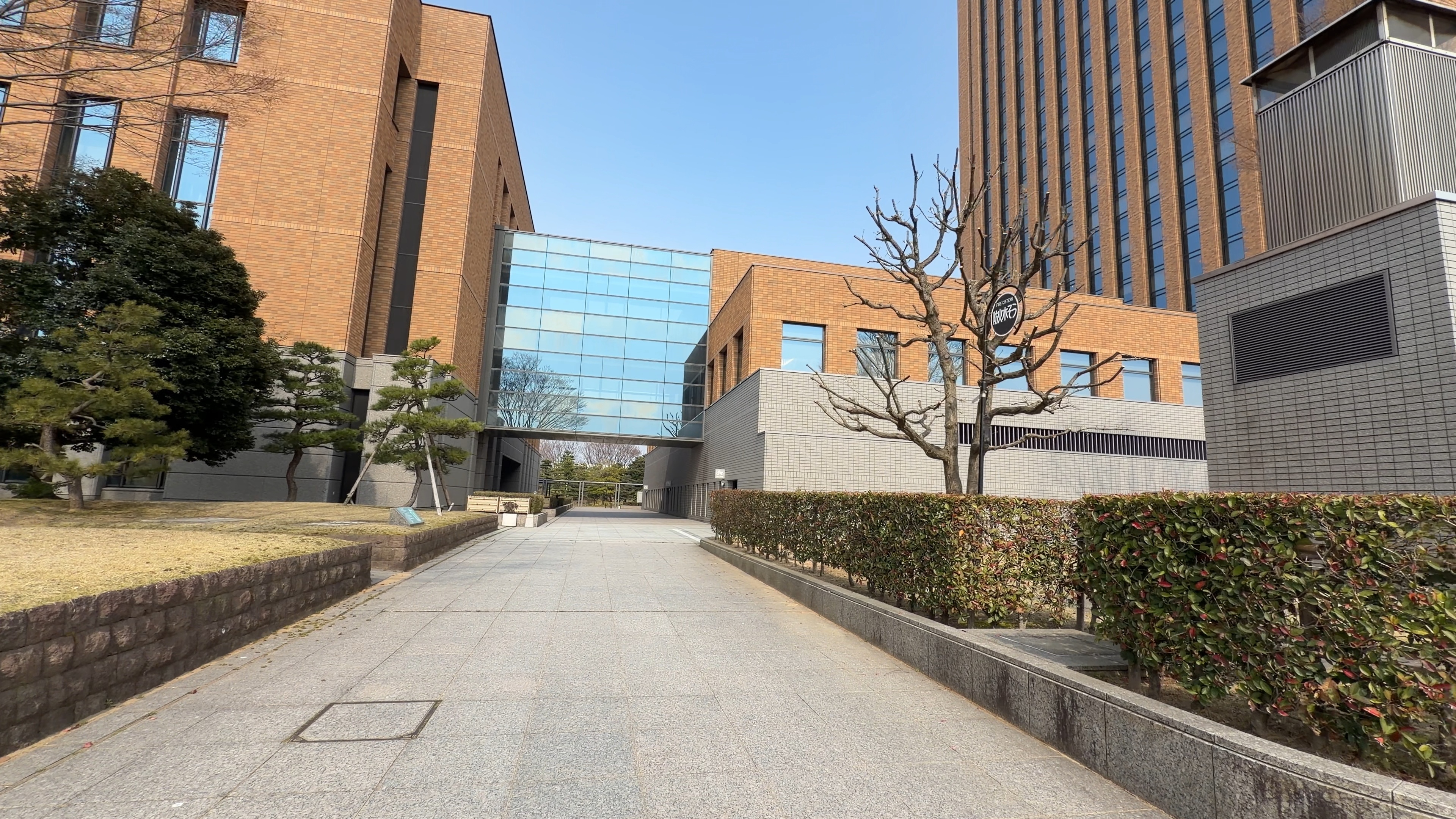 行政庁舎と議会庁舎をつなぐガラス張りの渡り廊下