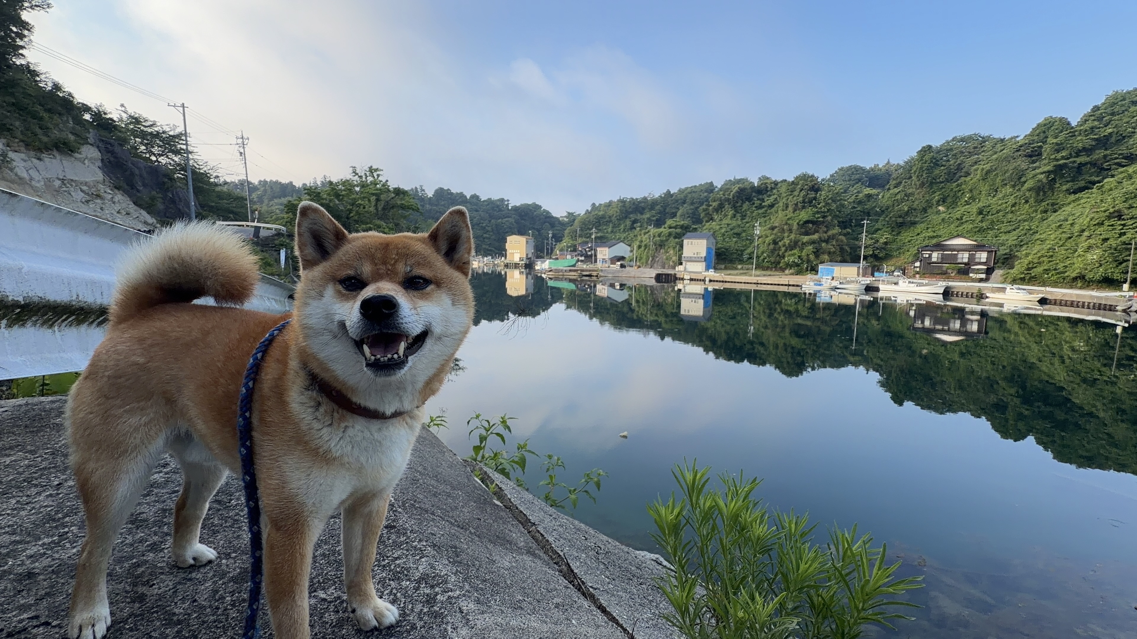 笑顔のたろーさんと奈古浦の入り江