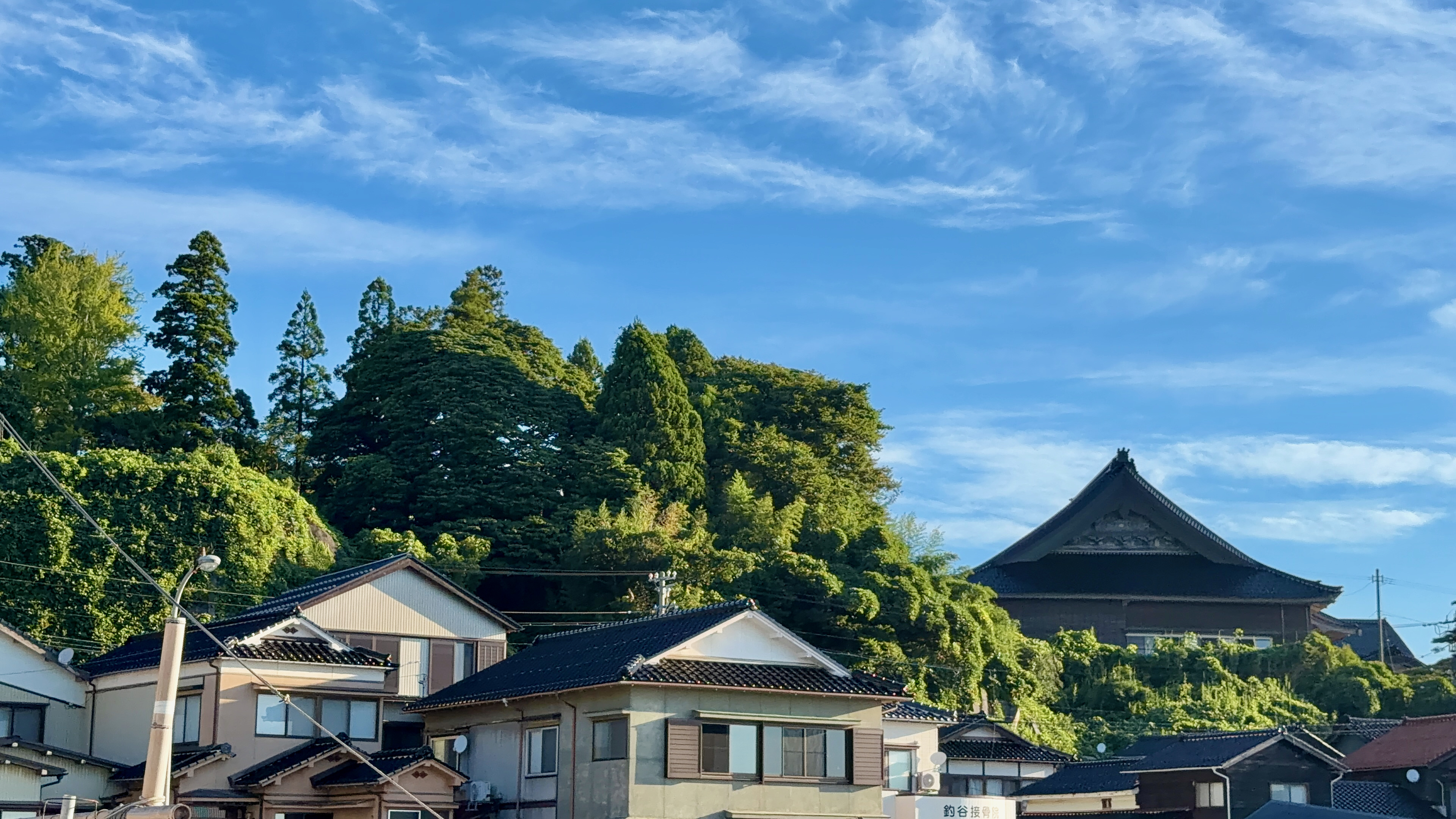 住宅の向こうに見える法融寺の立派な屋根