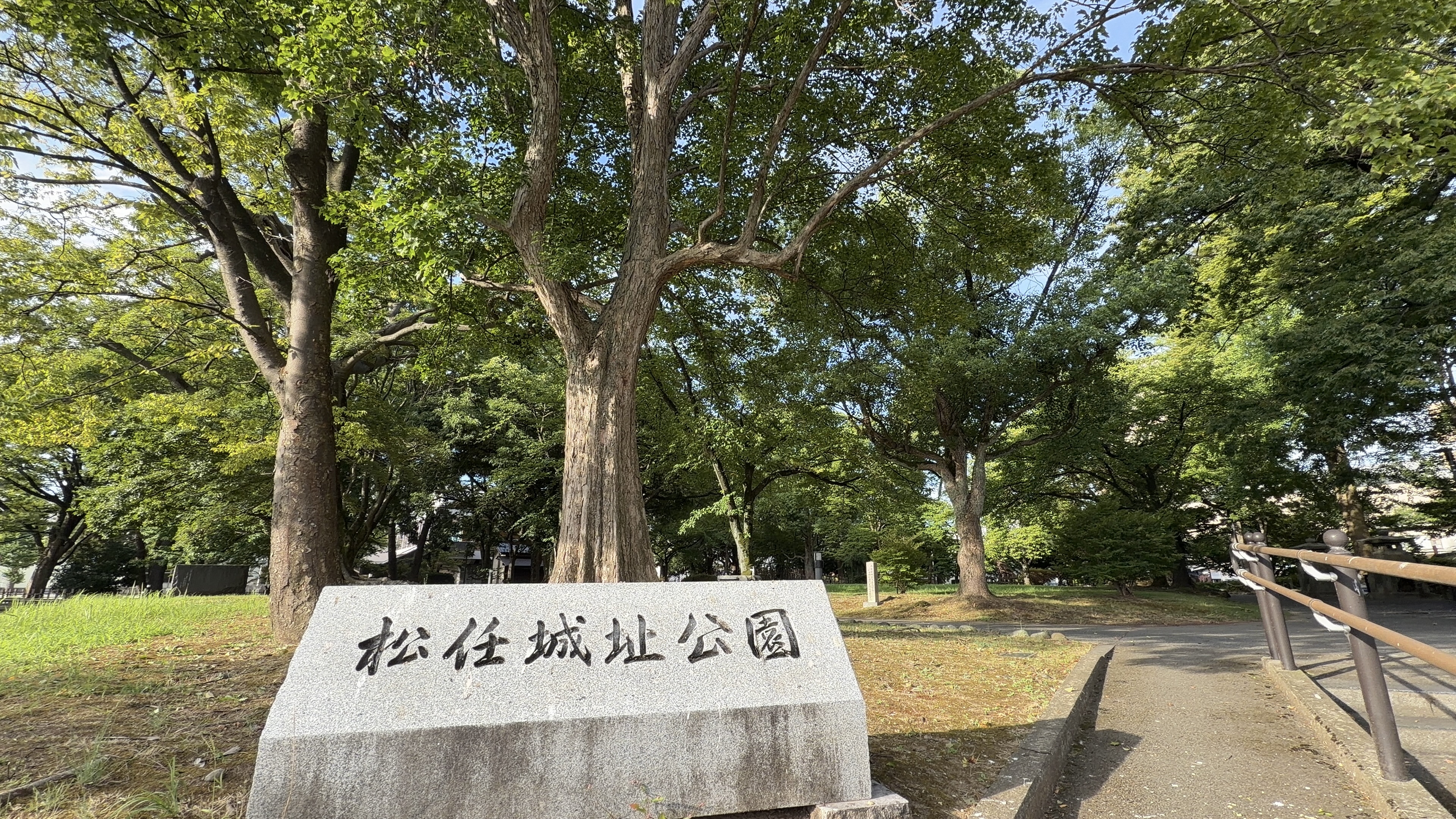 「松任城址公園」と彫られた白い石碑、大きなケヤキの木の下
