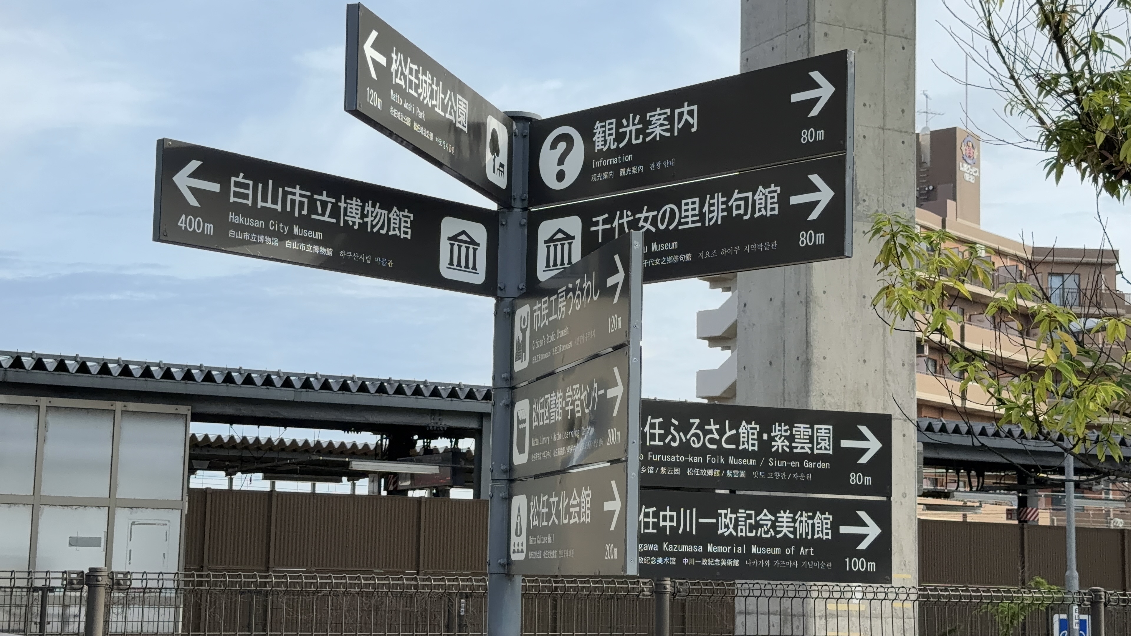 松任城址公園・白山市立博物館・観光案内・千代女の里俳句館・松任文化会館などを示す案内標識、矢印と距離表示