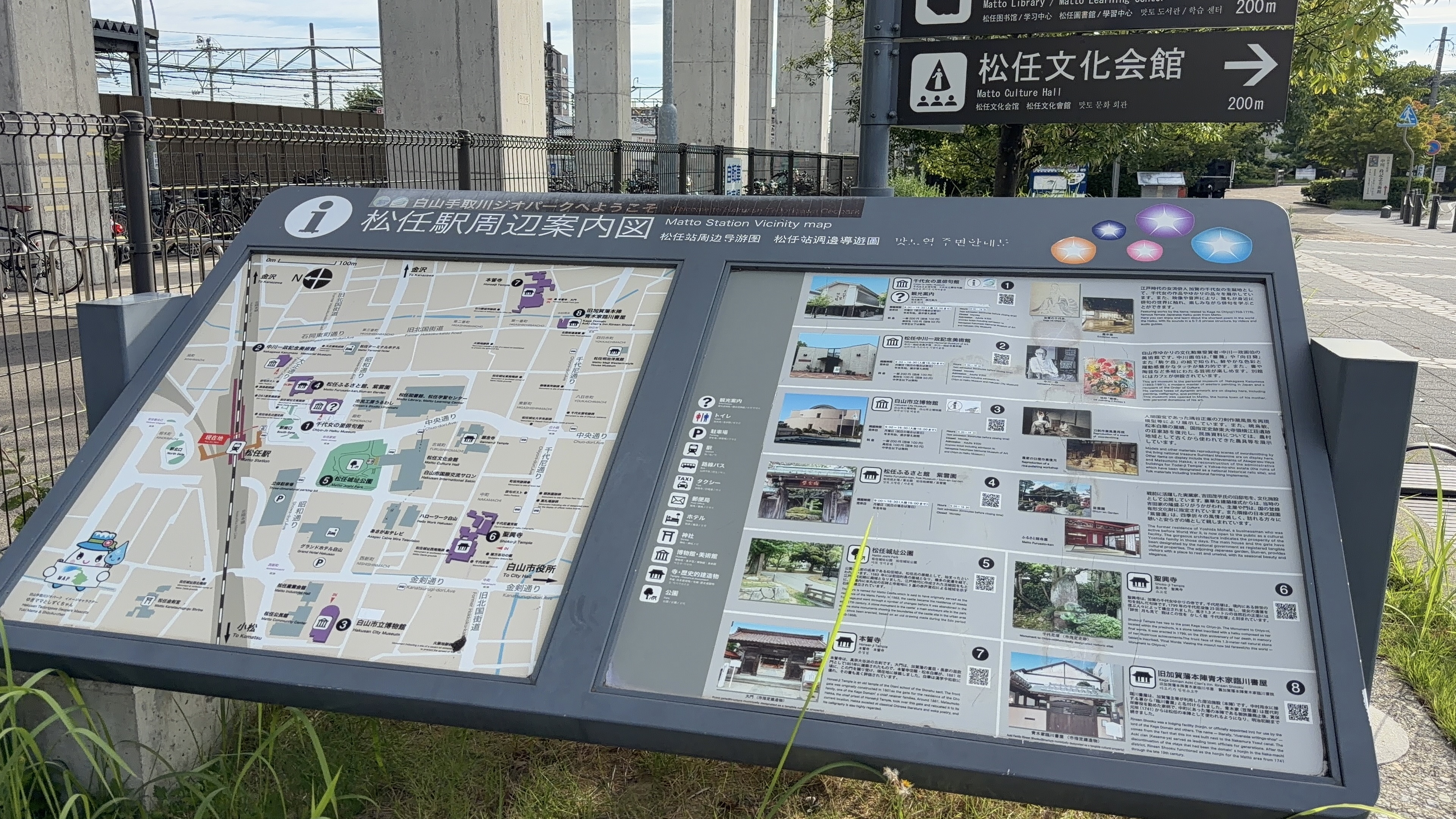 「松任駅周辺案内図」の看板、周辺の地図と施設写真が並ぶ、背後に高架橋
