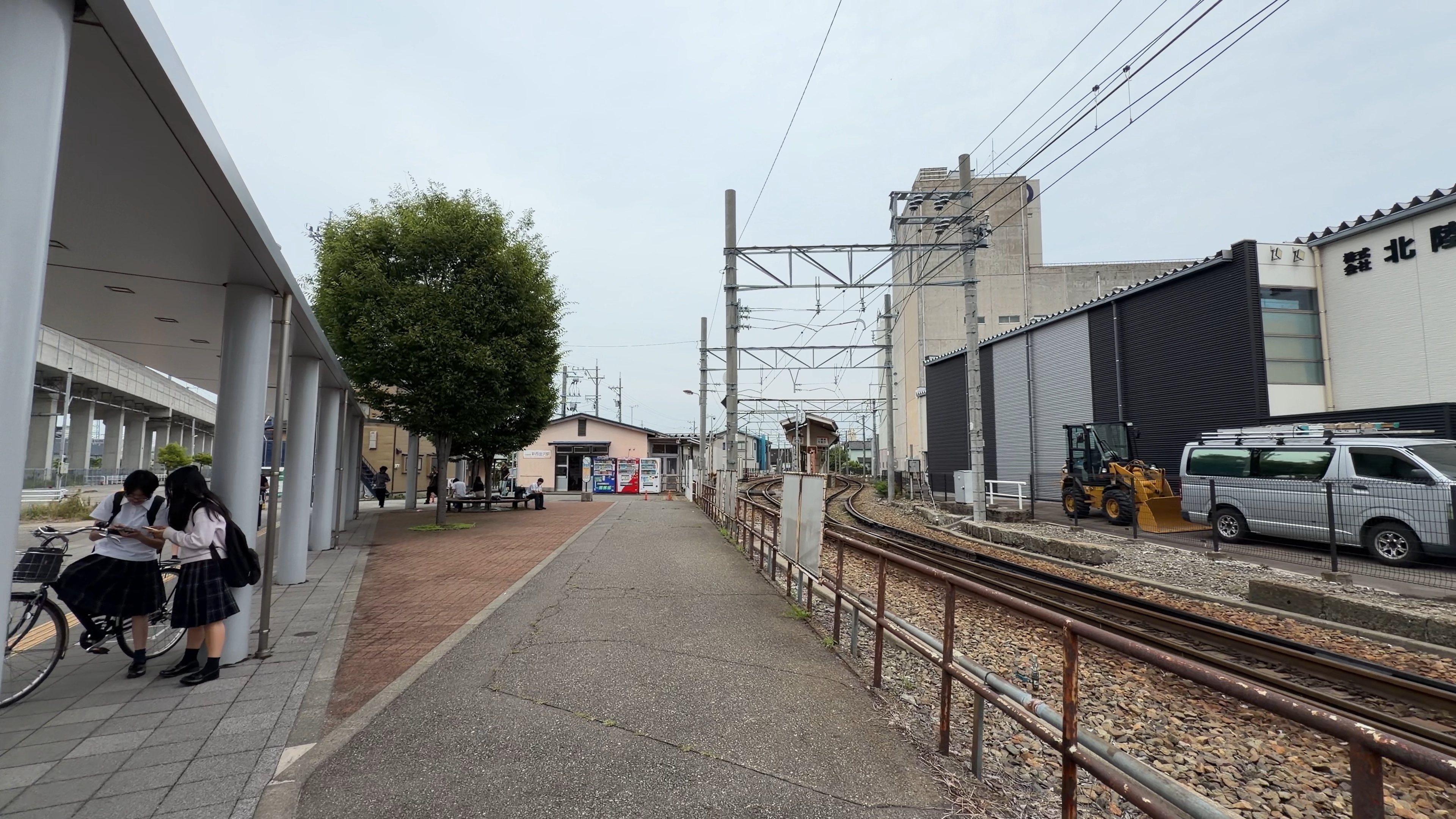 IRいしかわ鉄道のホーム、大きな木の下で電車を待つ高校生たち