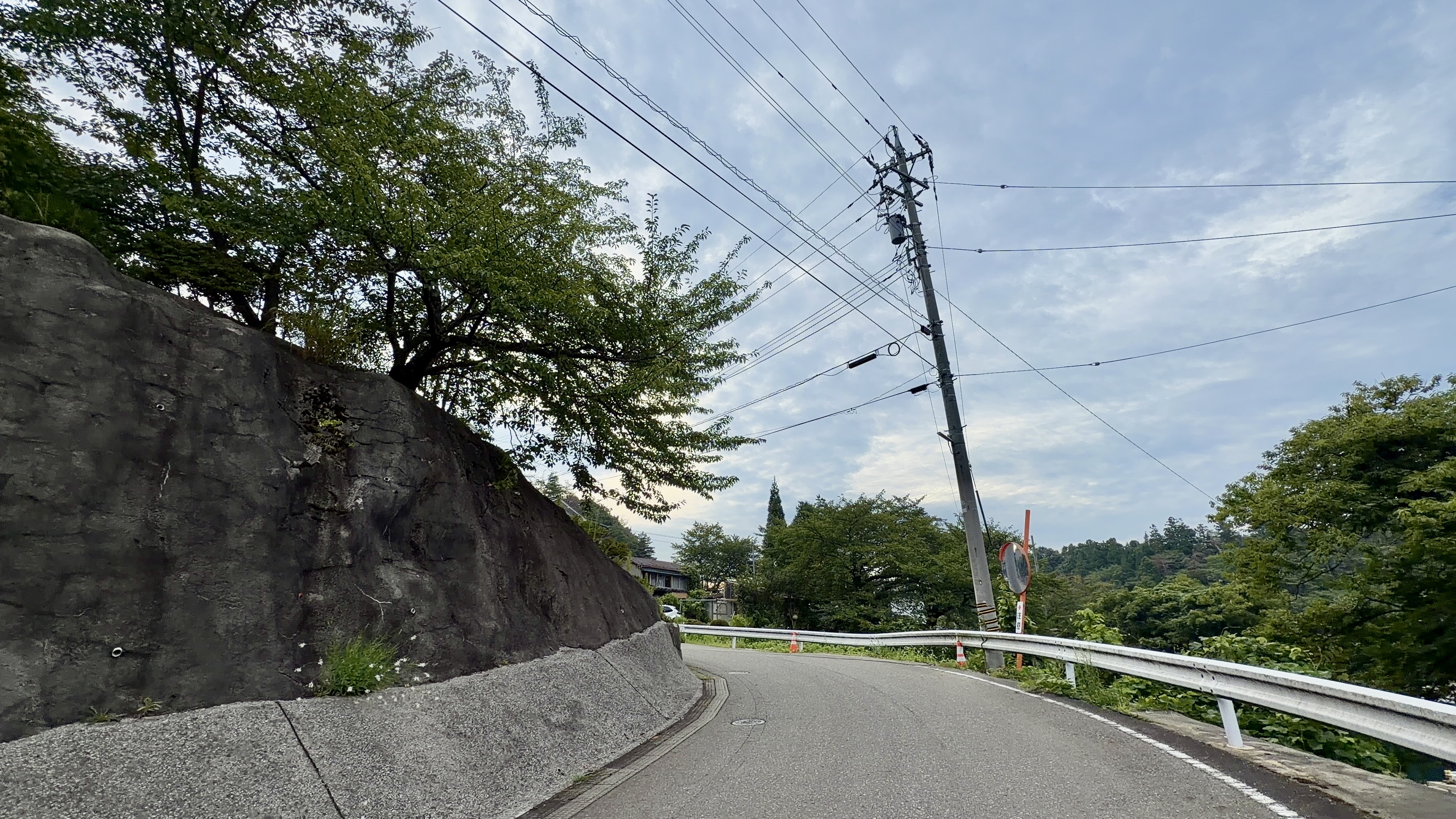 カーブミラーと擁壁が並ぶ集落の坂道