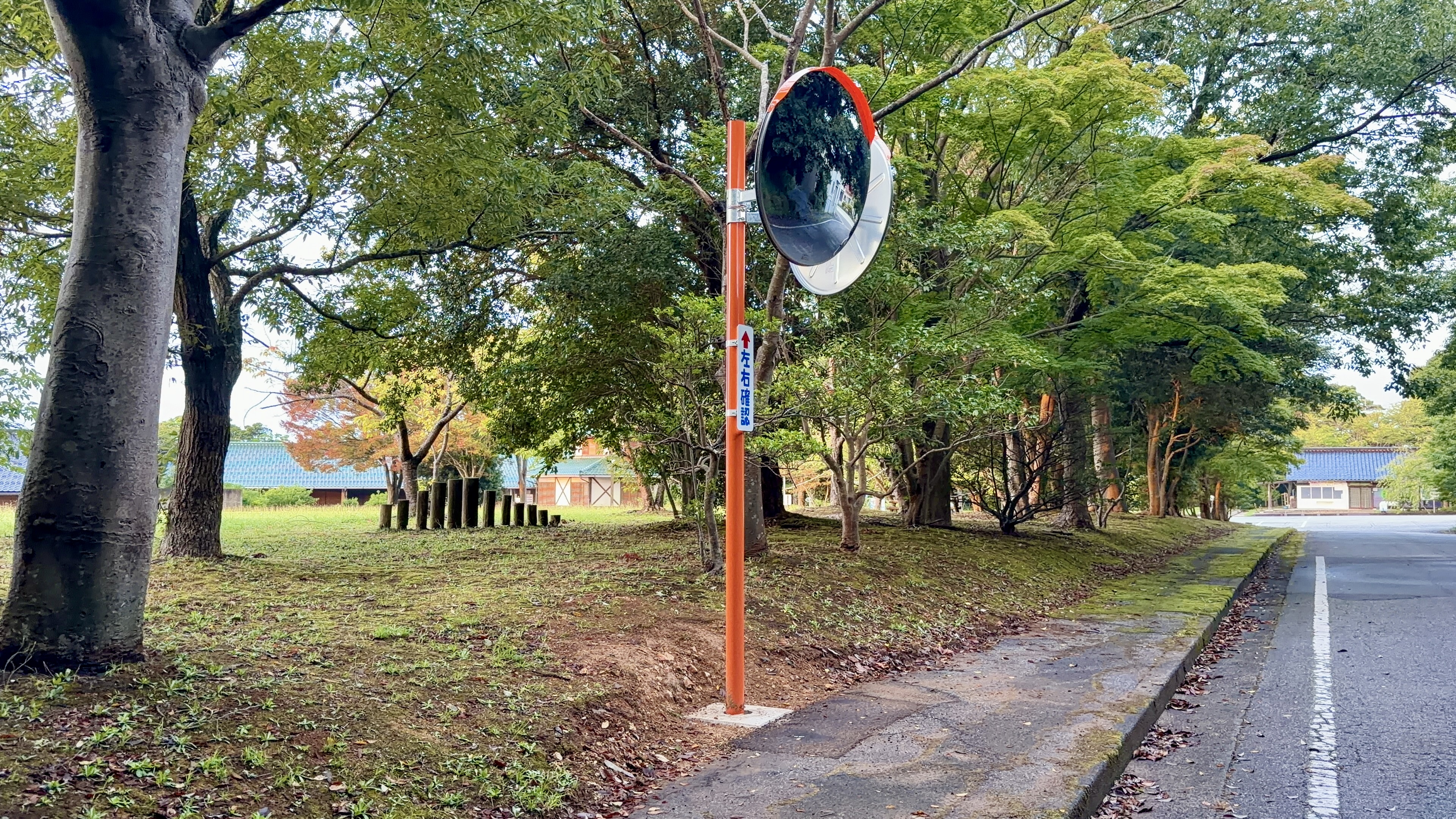 カーブミラーの先に見える、青い屋根の建物