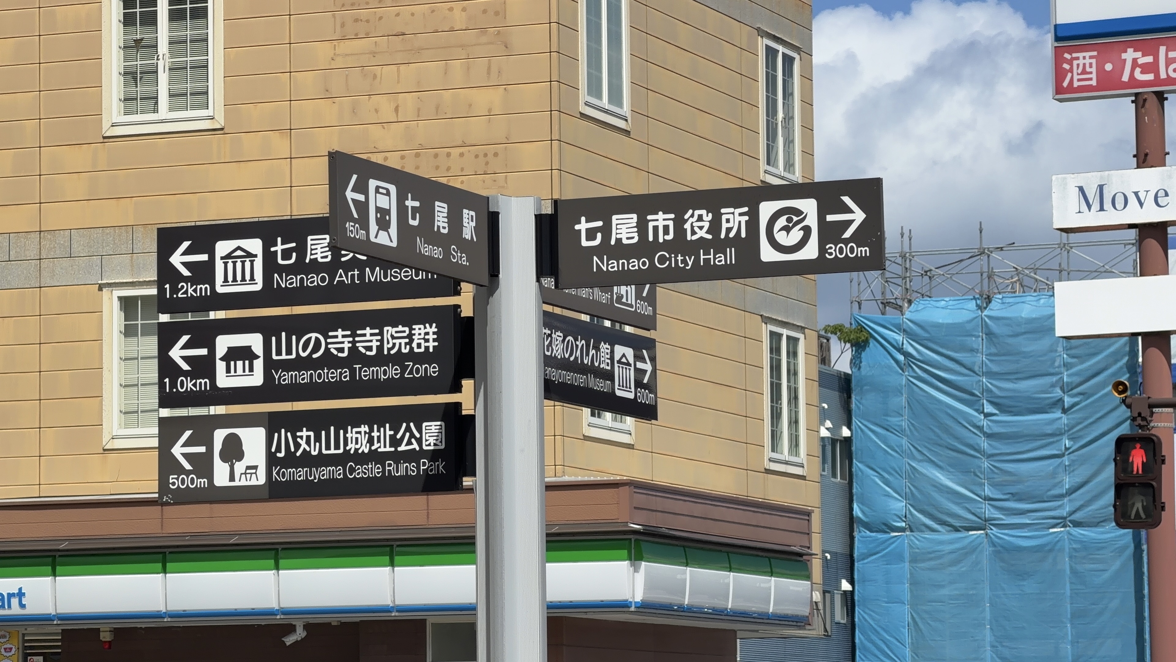 方面案内標識、「七尾駅150m」「七尾市役所300m」「七尾美術館1.2km」などの案内板