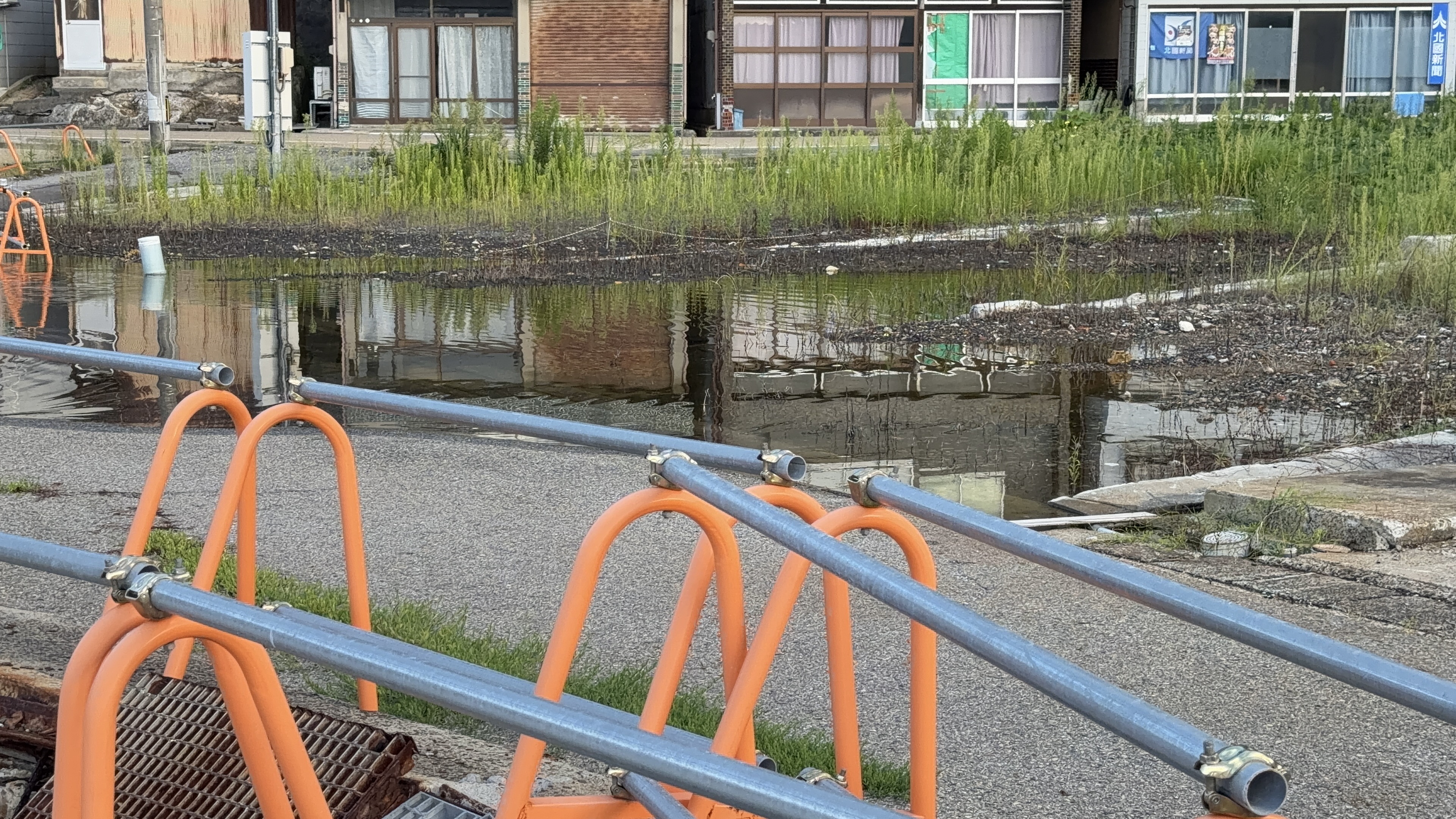 住宅の合間、低くなった土地に水がたまる空き地