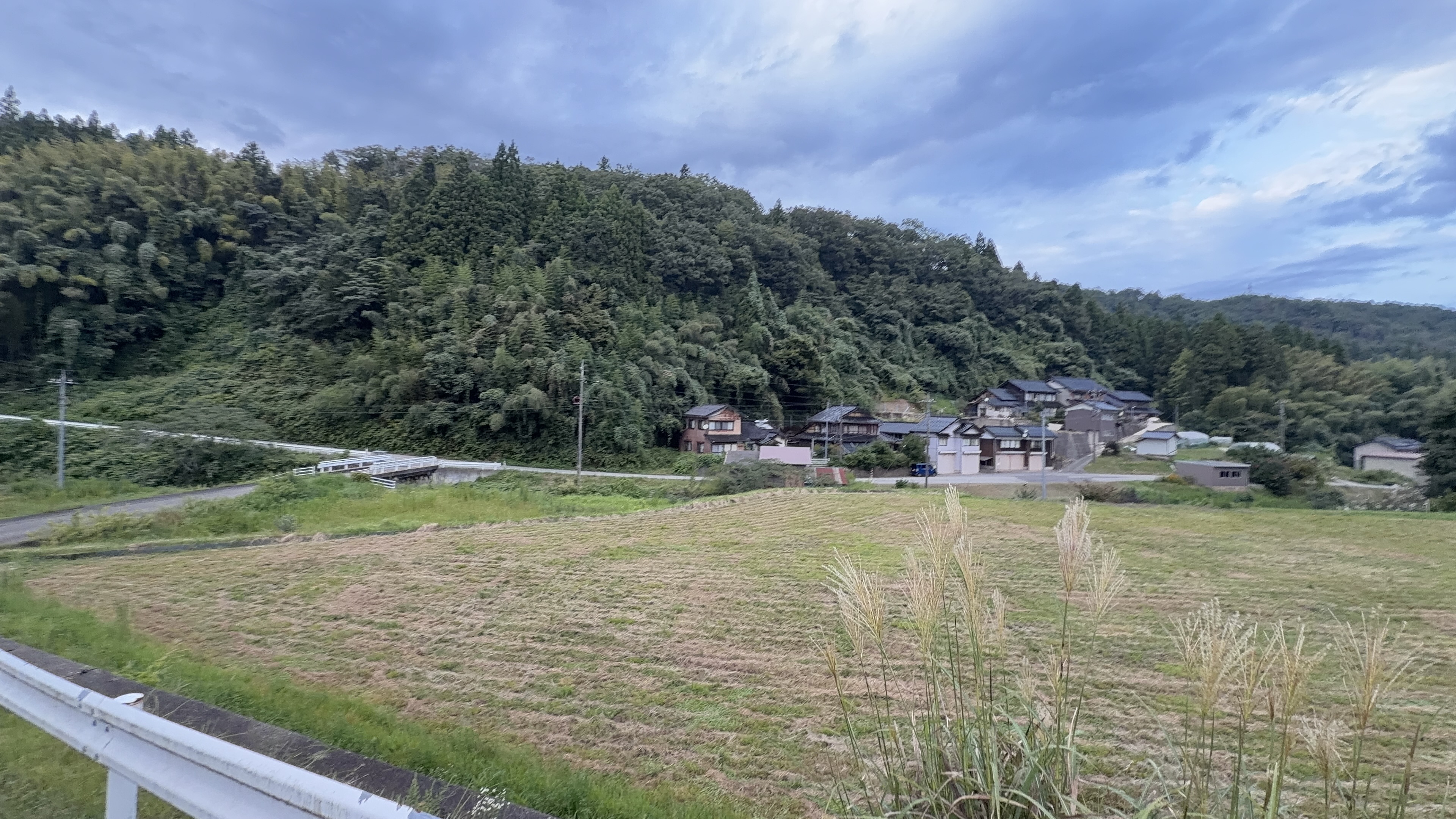 夕暮れの曇り空の下、谷あいに広がる田んぼと、奥に見える集落の家並み
