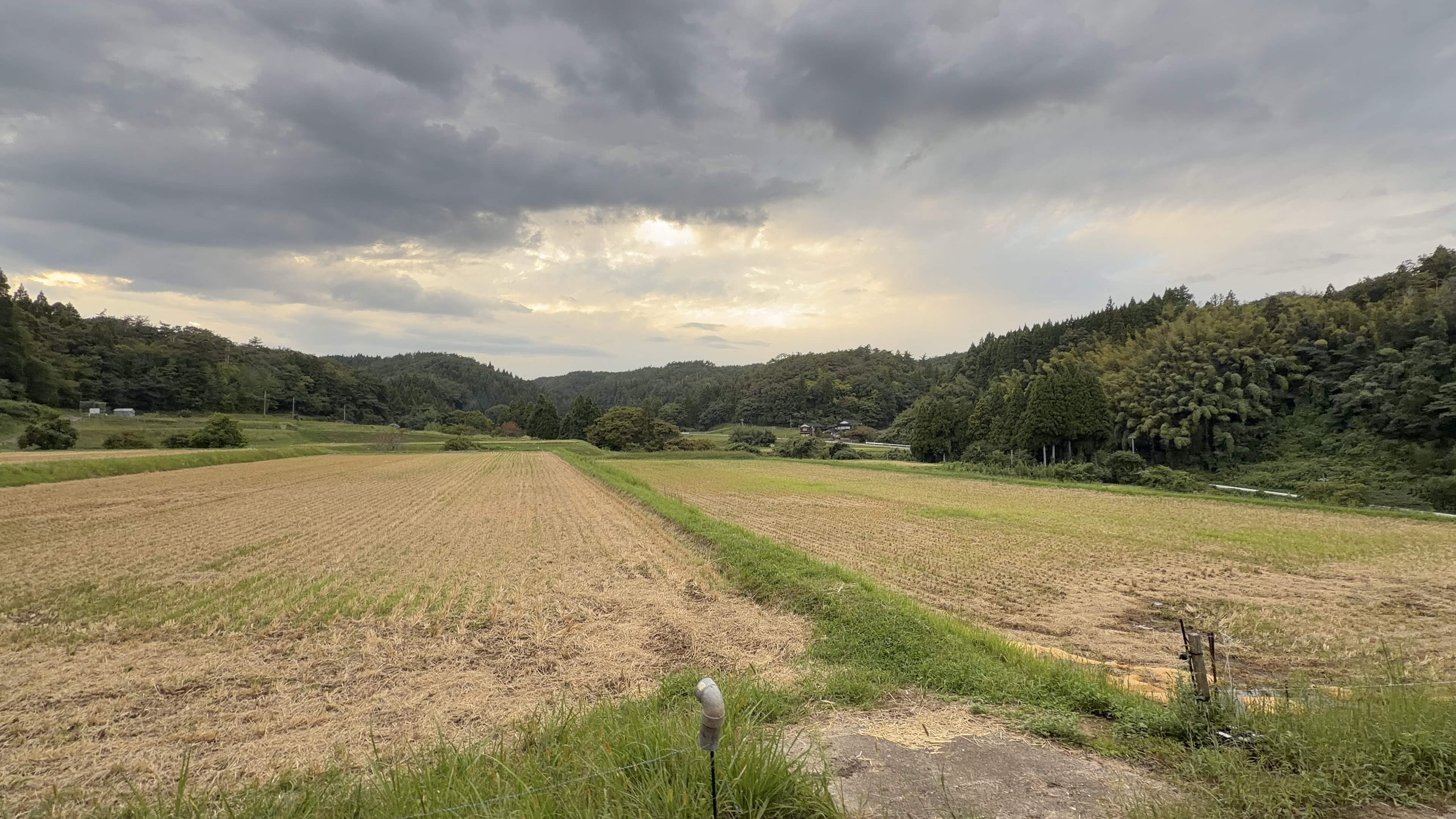 夕焼け色に染まった雲の隙間から光がこぼれる、稲刈り前の田んぼの広がる谷