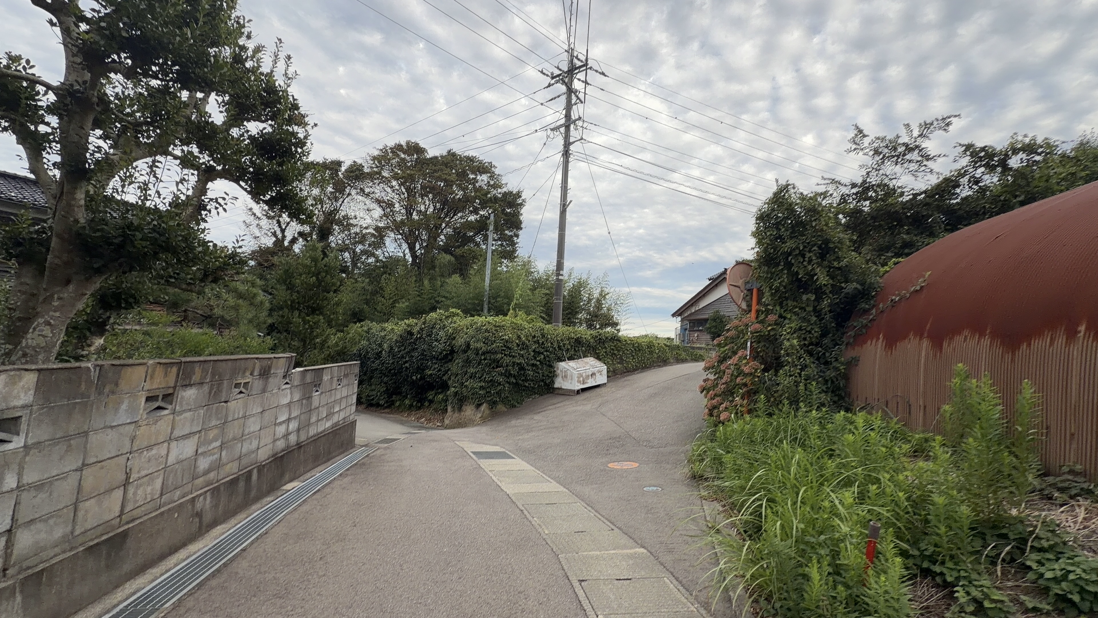 電柱と赤いサイロのような建物が並ぶ集落の道、夕方の曇り空とうろこ雲
